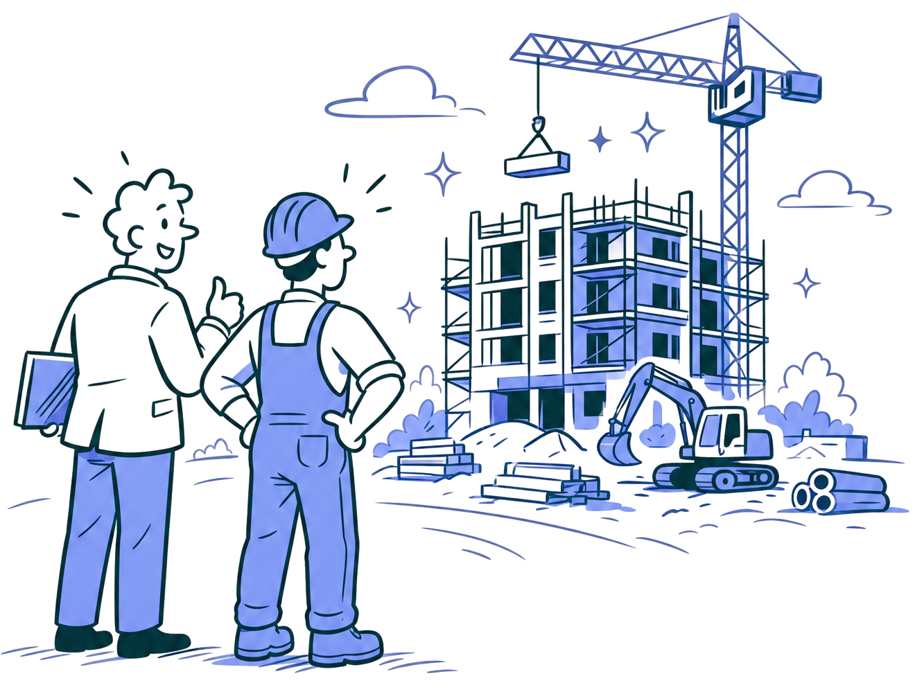 Ingegnere e operaio davanti a un cantiere in costruzione
